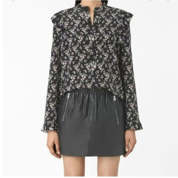 AllSaints Silk Floral Ruffle Long Sleeve Button Down Blouse Black Sz2 Chic Femme - Picture 15 of 16
